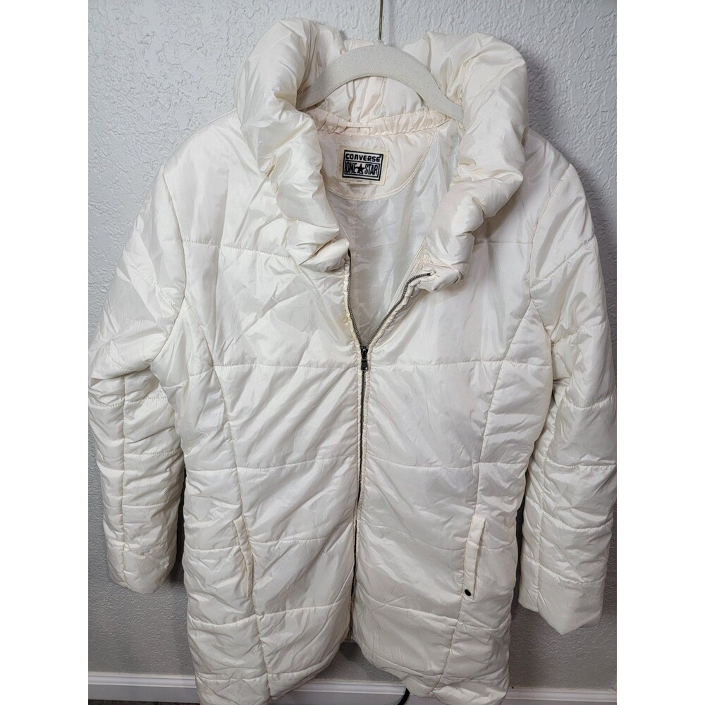 Converse One Star White Long Puffer Coat Womens XL Hooded Zip Winter Jacket